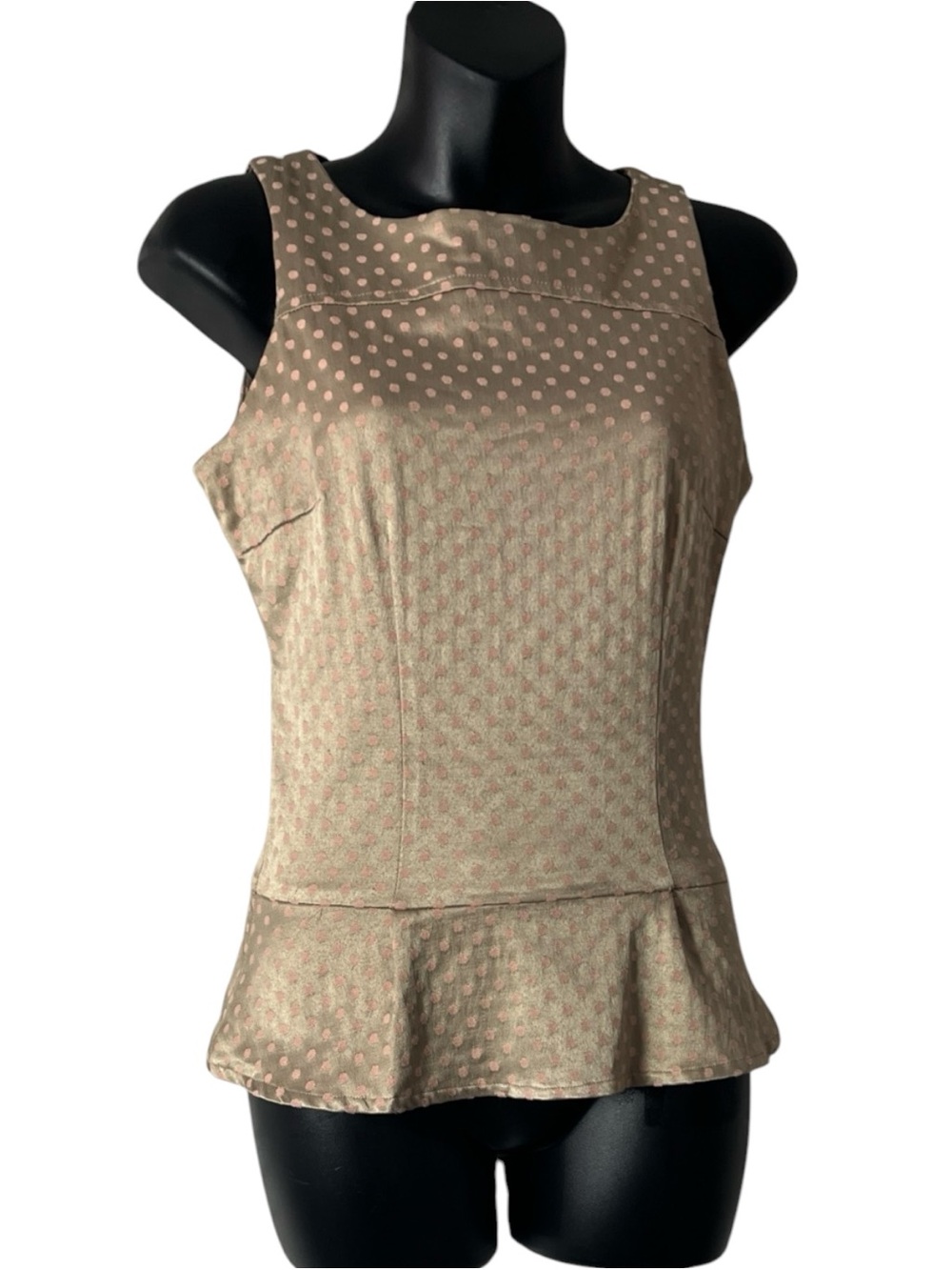 NAF NAF Peplum Sleeveless Beige Tank Top with Pink Polka Dots Sz 34